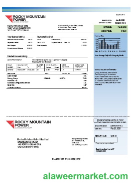 USA Utah Rocky Mountain Power electricity business utility bill template in Word and PDF formats